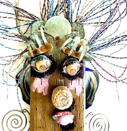 Edddy Sculpture 13″ Reclaimed Wood Make-Up Face Folk Outsider Art Drag Jewelry