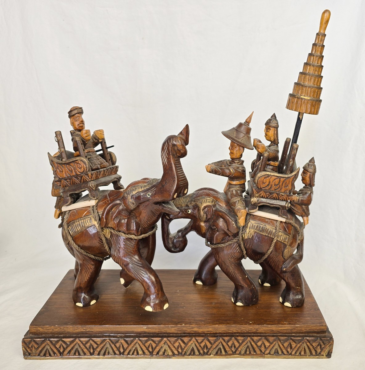 16″ Vintage Teak Wood Hand-Carved Ceremonial Battle Scene, Thailand 1950s-1970s