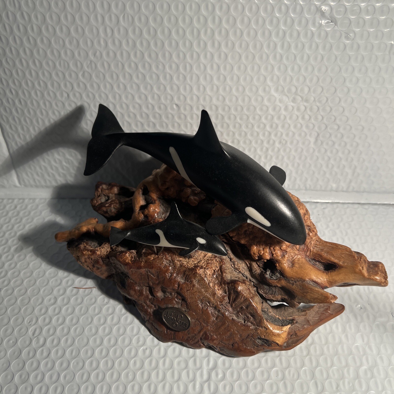 Nautical Ocean John Perry Orca Whales Burlwood Sculpture Figurine Statue 7 inch