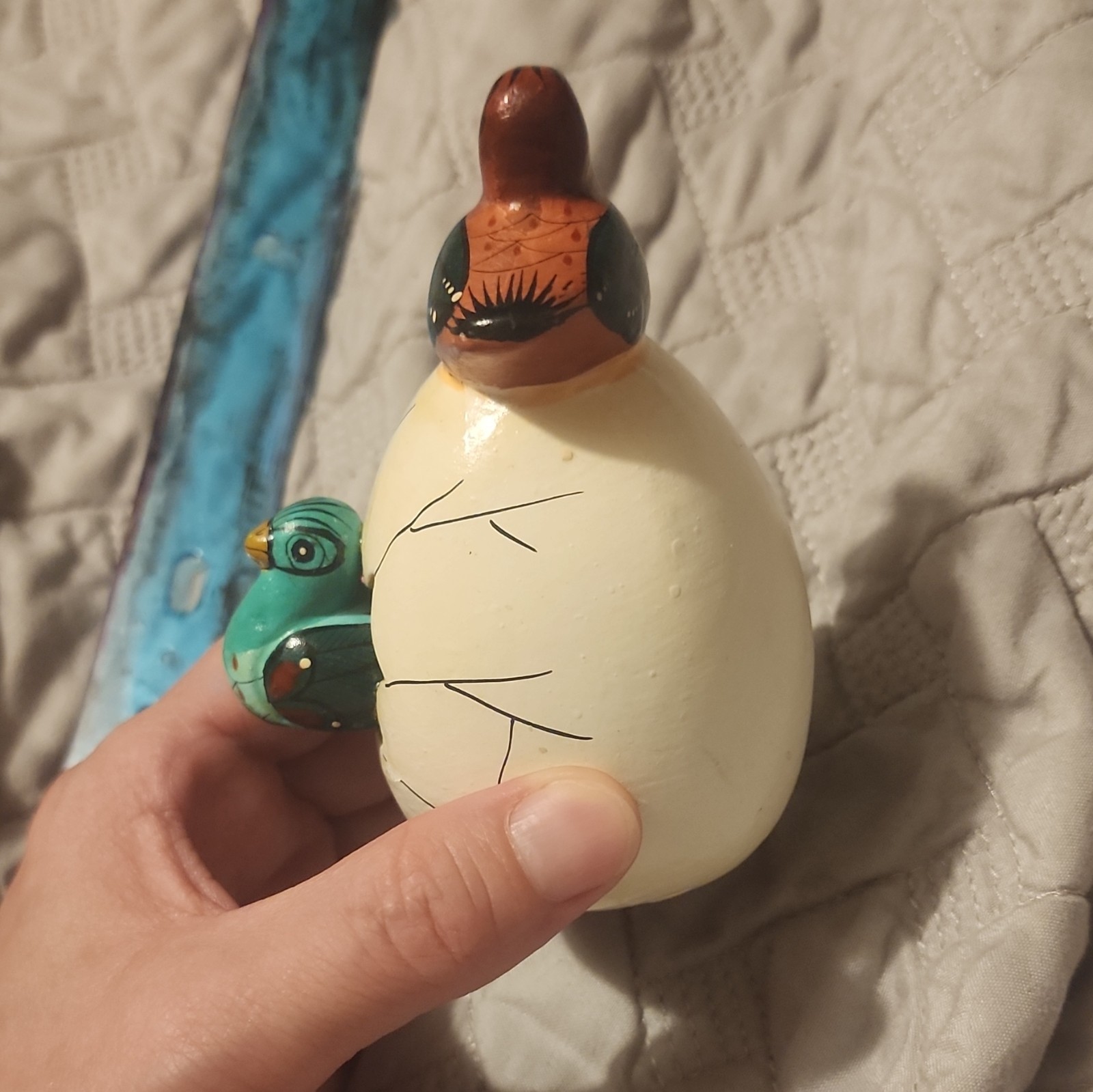 Hand Painted Wood Bird Figurine on White Egg, Glossy Finish, Brown/Green