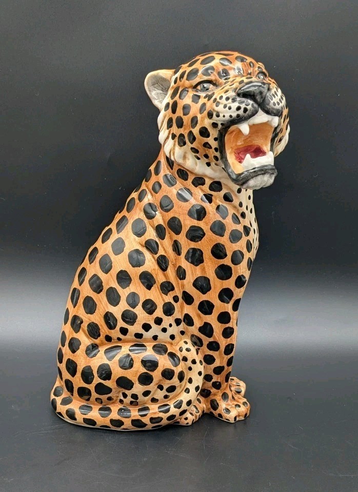 Vintage MCM Cat Sculpture Hand Painted Italian Leopard Cheetah Open Mouth 10″