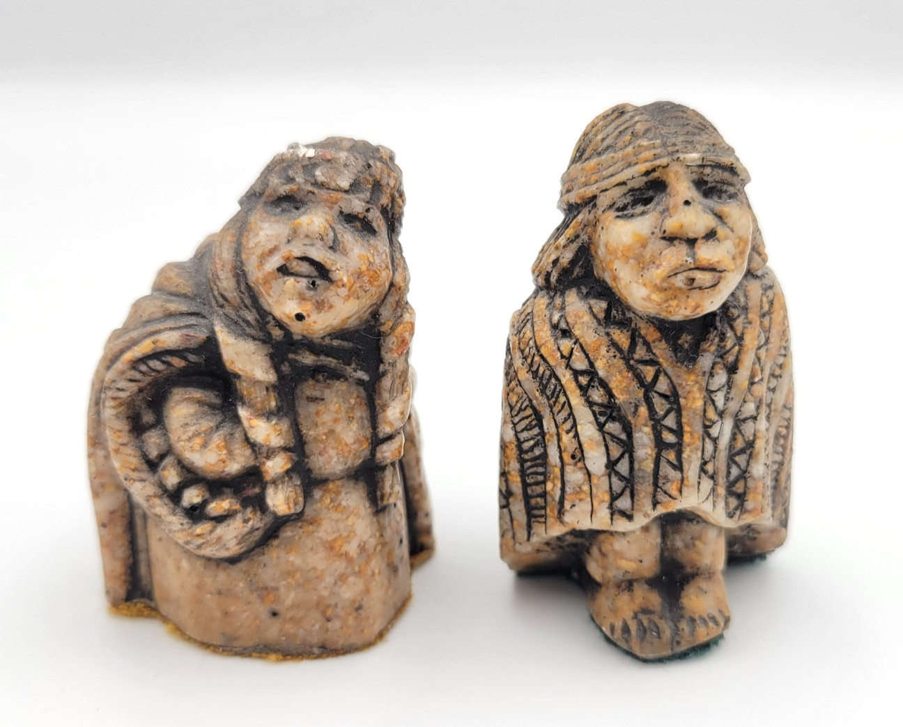 Vintage From Chile Carved Stone Folk Art Figurines Indigenous Man Woman Signed