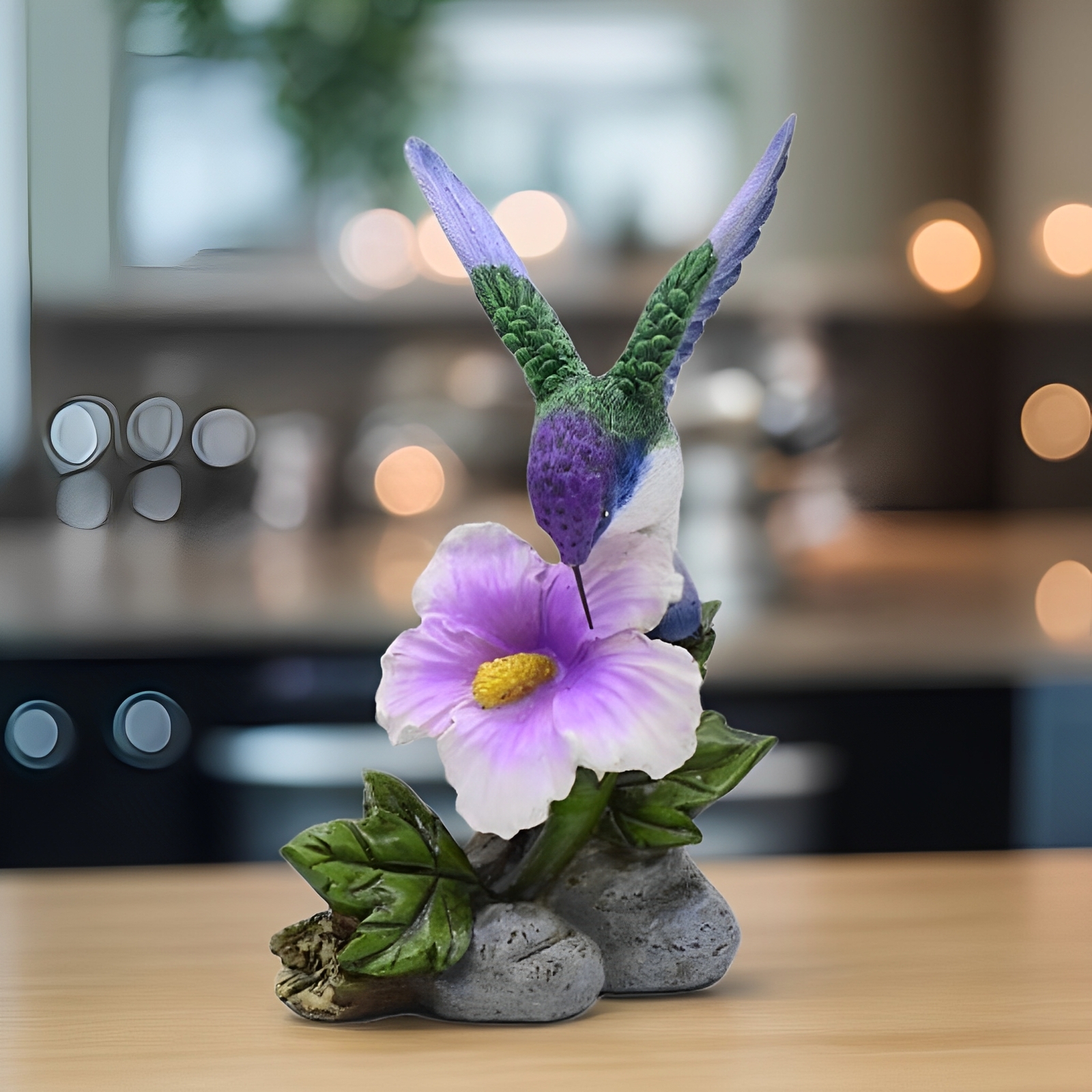 6″H Hummingbird on Purple Flower Figurine Ornament Home Decor Unique Gift