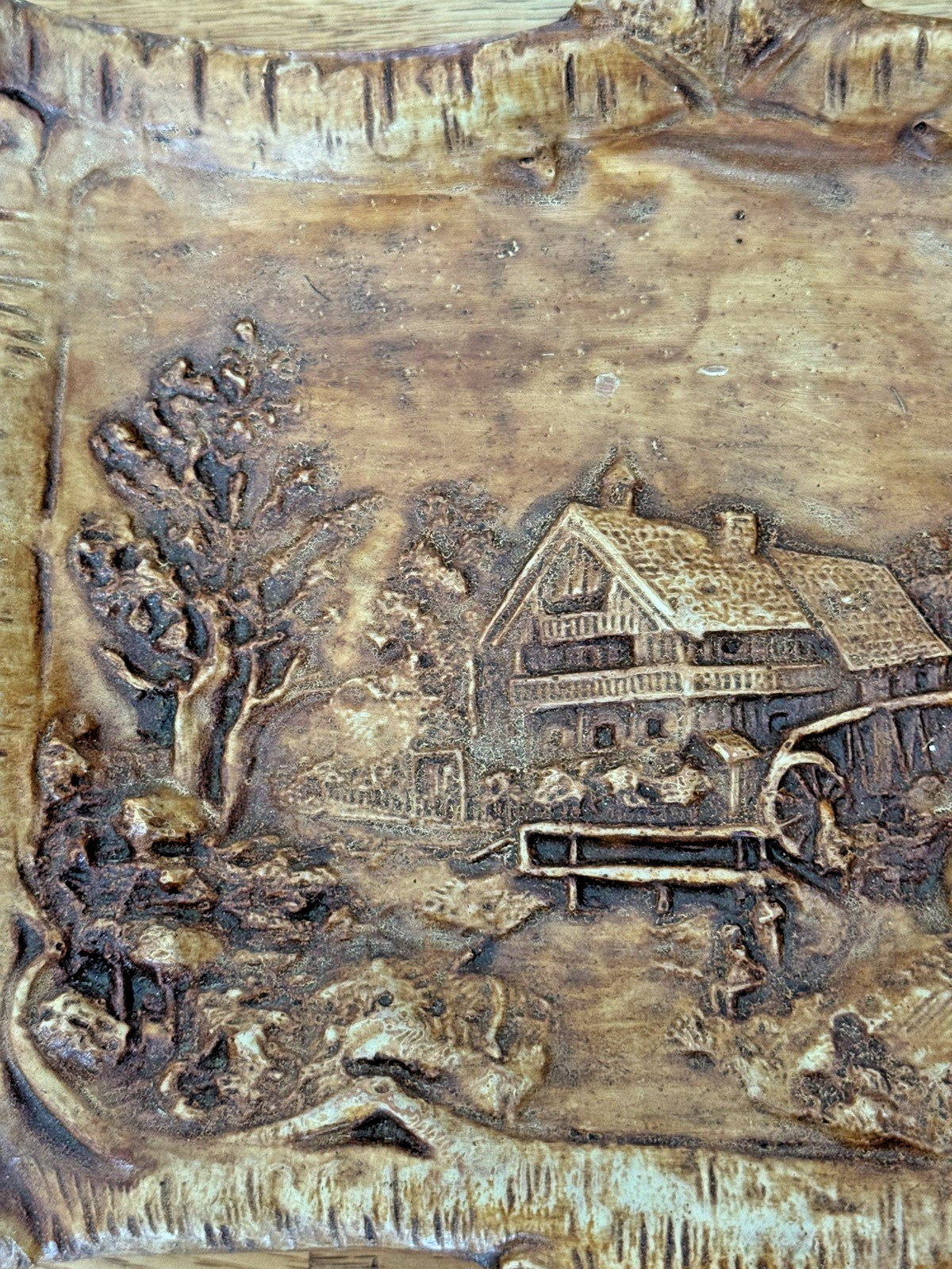 3D Chalkware Plaster Landscape Scene Wall Plaque with Rustic Bark Frame 10.5×7.5