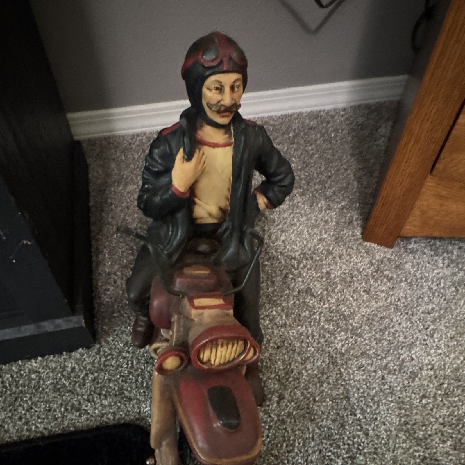 Resin Painted Motorcycle Rider Figurine Sculpture, Brown Black Tan, Adults