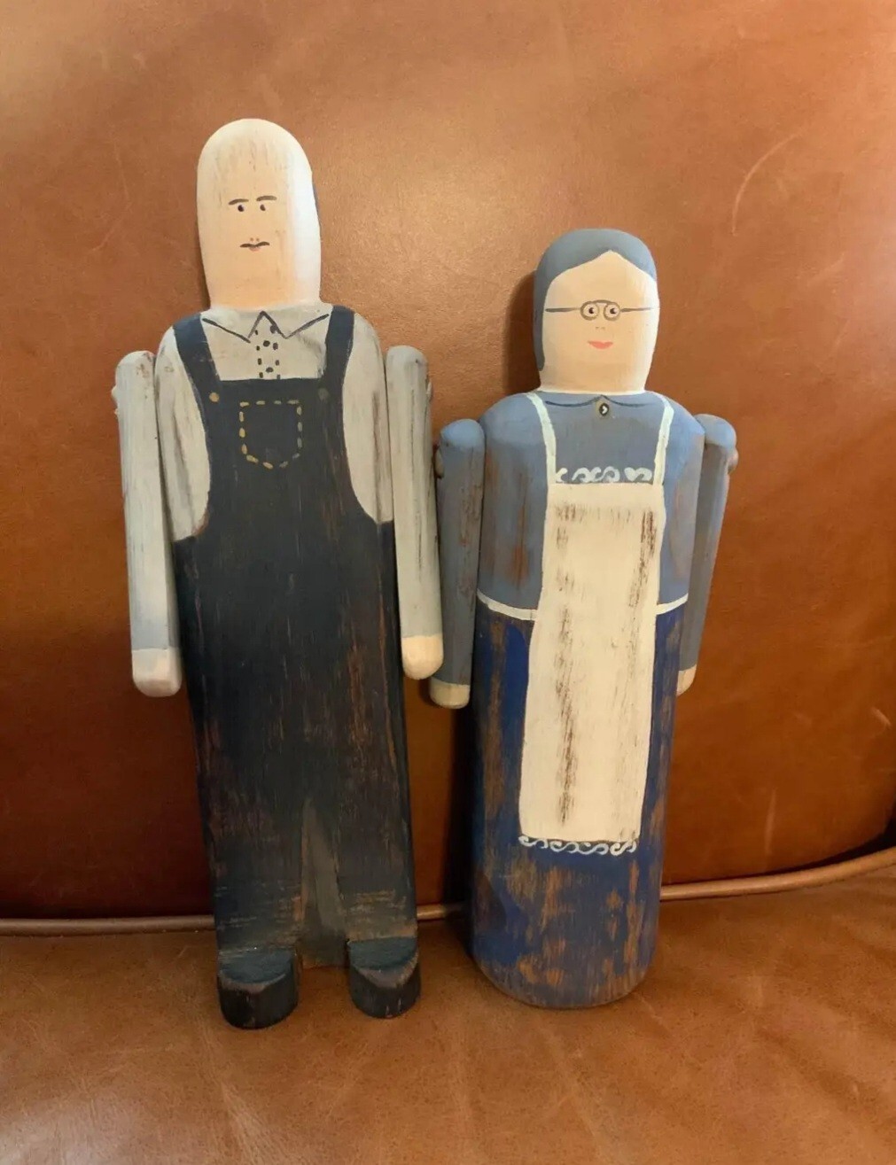 Folk Art Wolf Creek Wood Carvings country farmers couple signed Betty Hines 1987