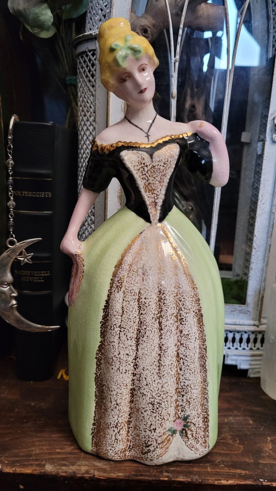 1949 Vintage 11 Inch Victorian Lady Figurine in Green Black Gold Gilt Dress