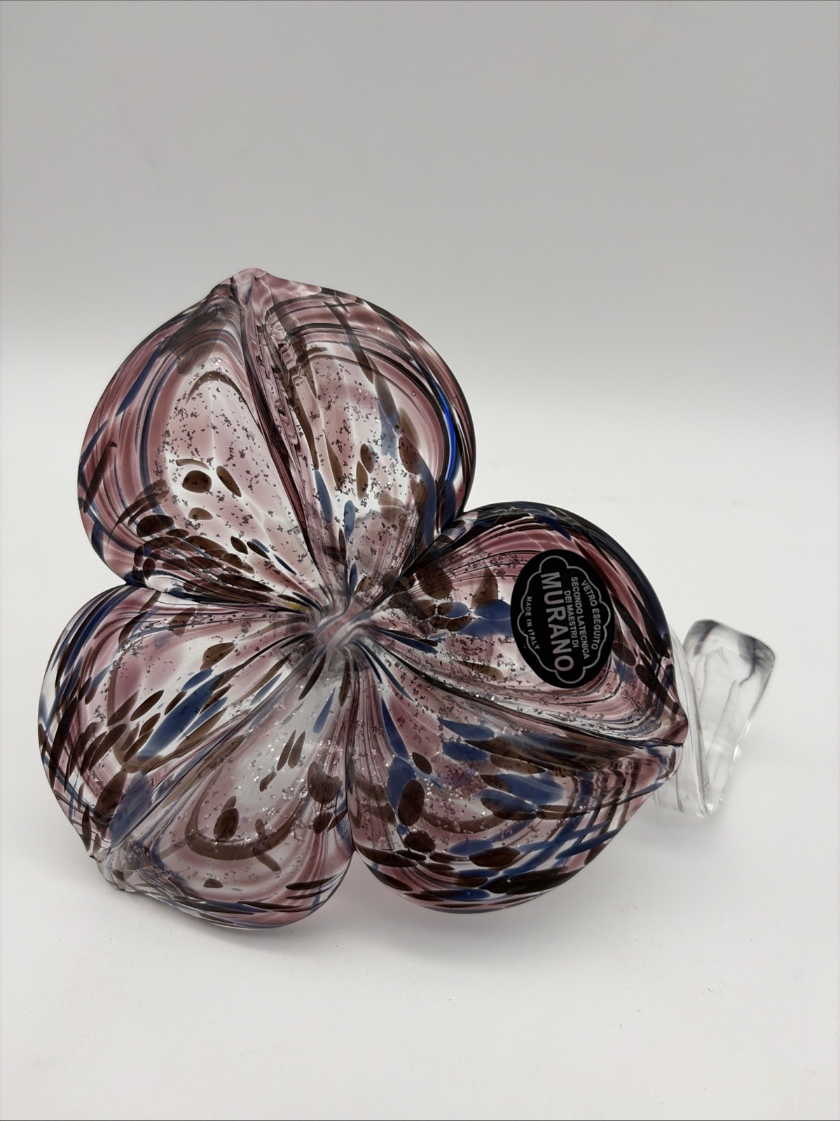 Vintage Murano Style Art Glass Flower Sculpture Purple Swirl Twisted Base 5″