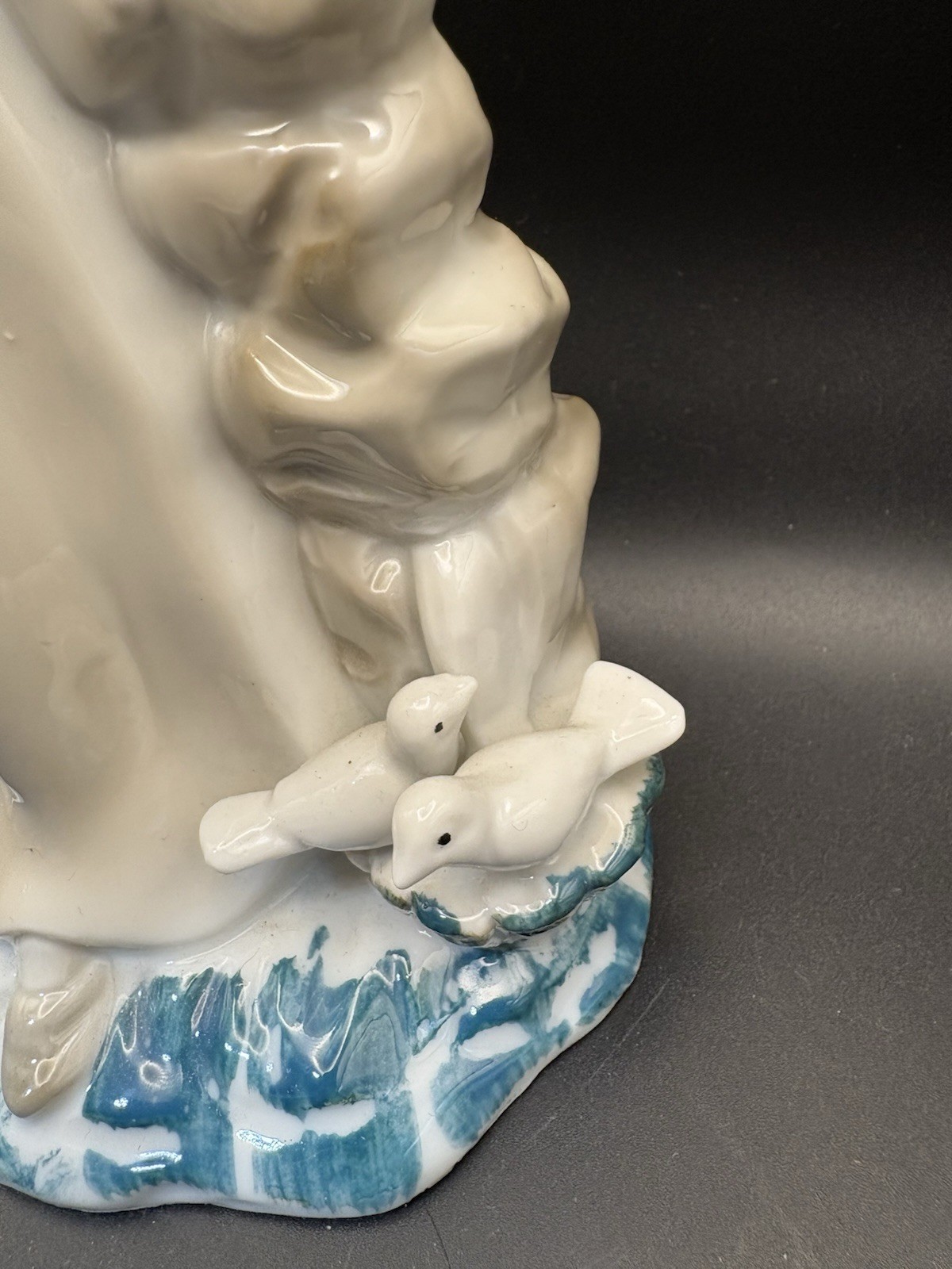 Vintage Porcelain Lady Figurine with Bird & Doves, Blue Dress, 11” Tall Collect