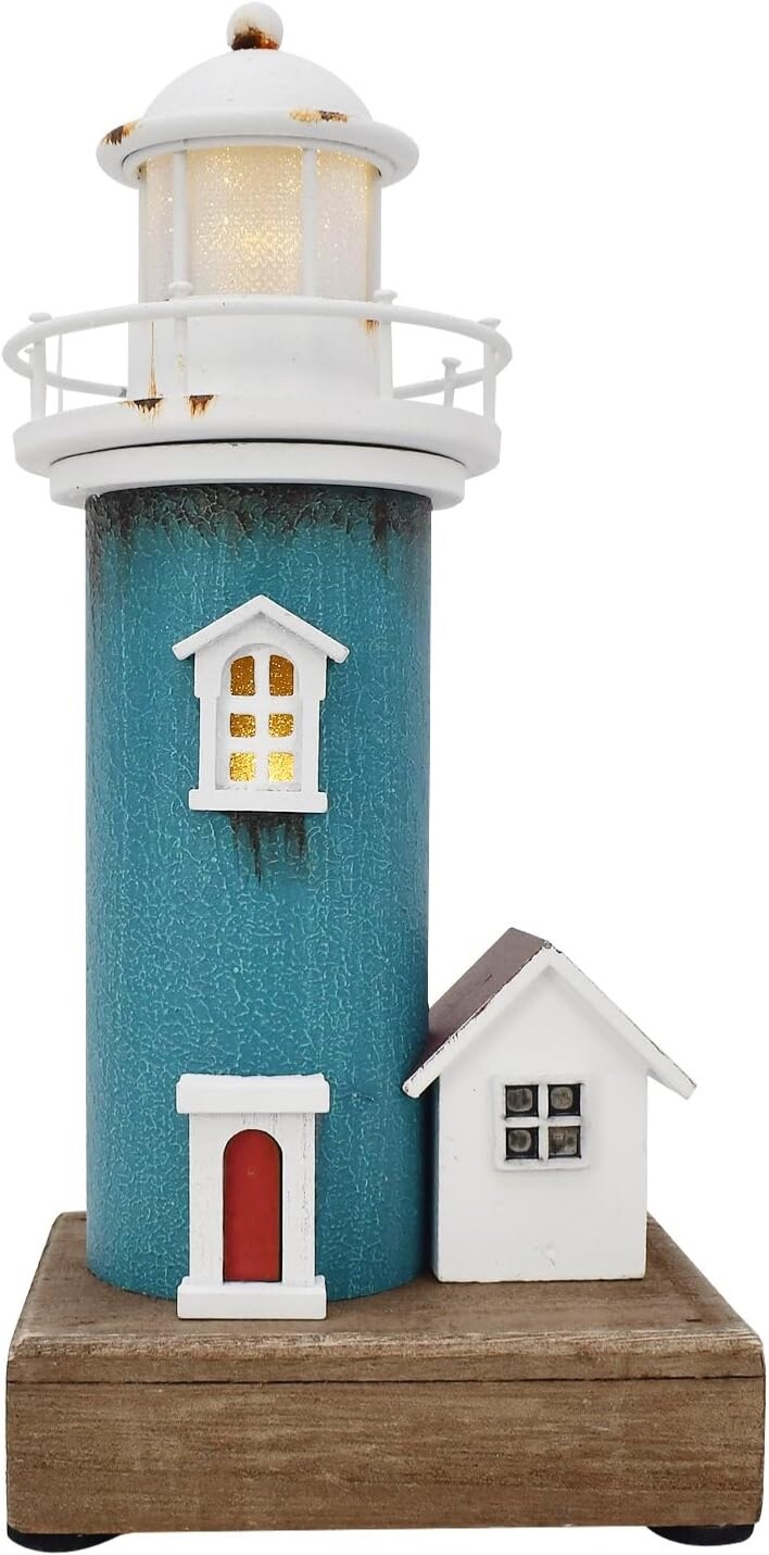 8.5″ H Wood Lighthouse Decor, Handcrafted Nautical Decor Lighthouse Figurine
