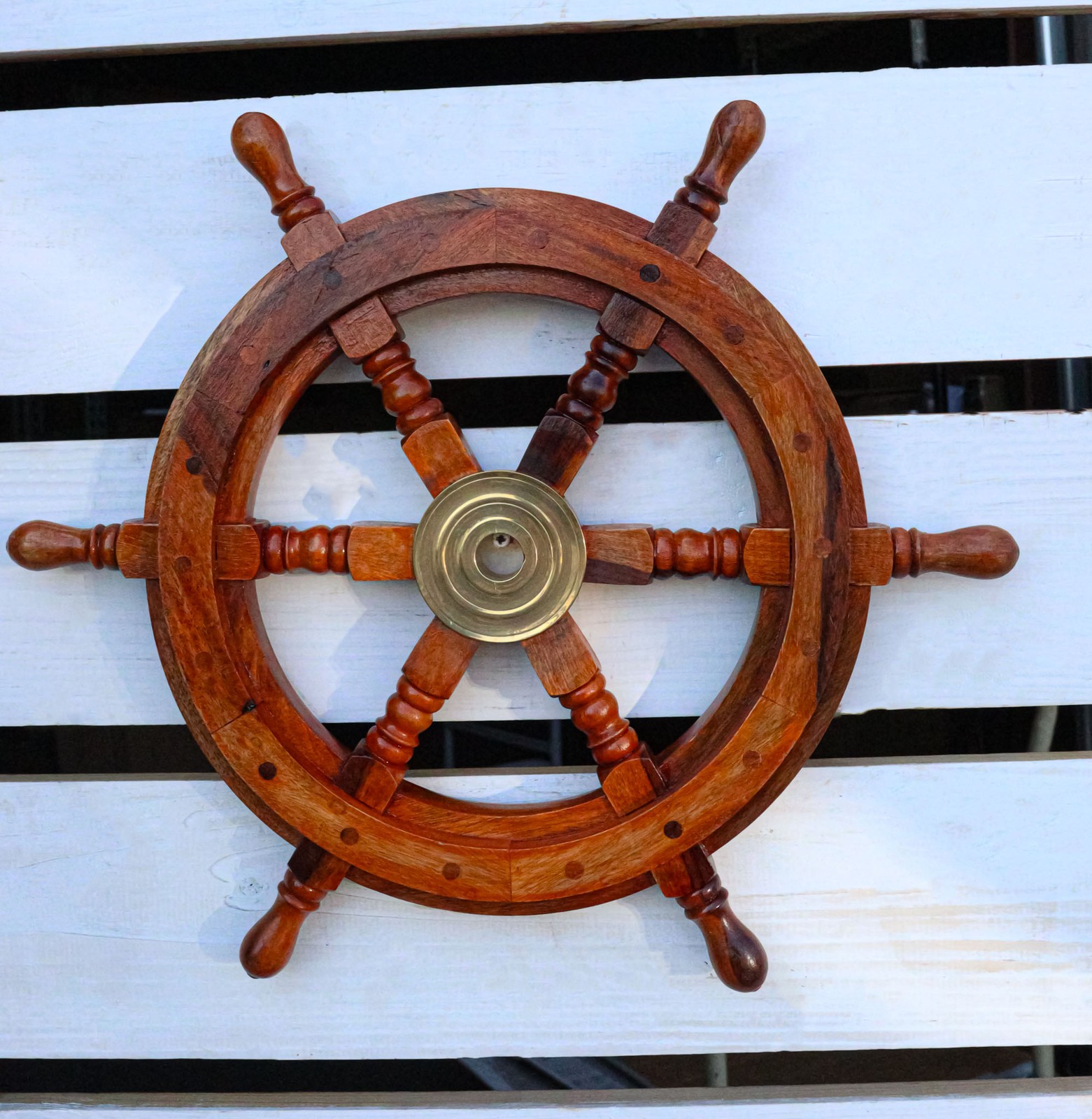 Nautical Marine Vintage Hardwood Wood & Brass Ship Steering Helm Boat Wheel 18″D