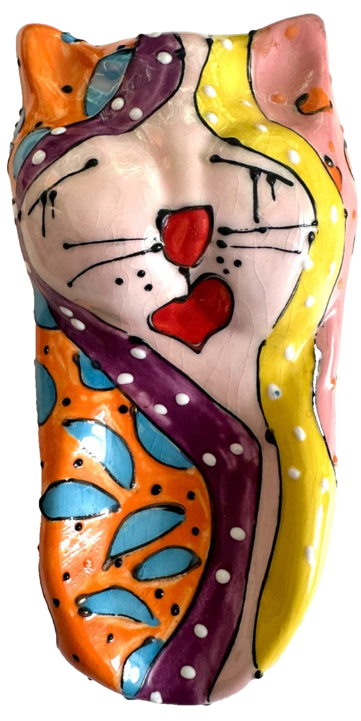 Hand Painted Ceramic DEBBY CARMAN Cat Sculpture Wall Decor Spoon Rest Signed 7″