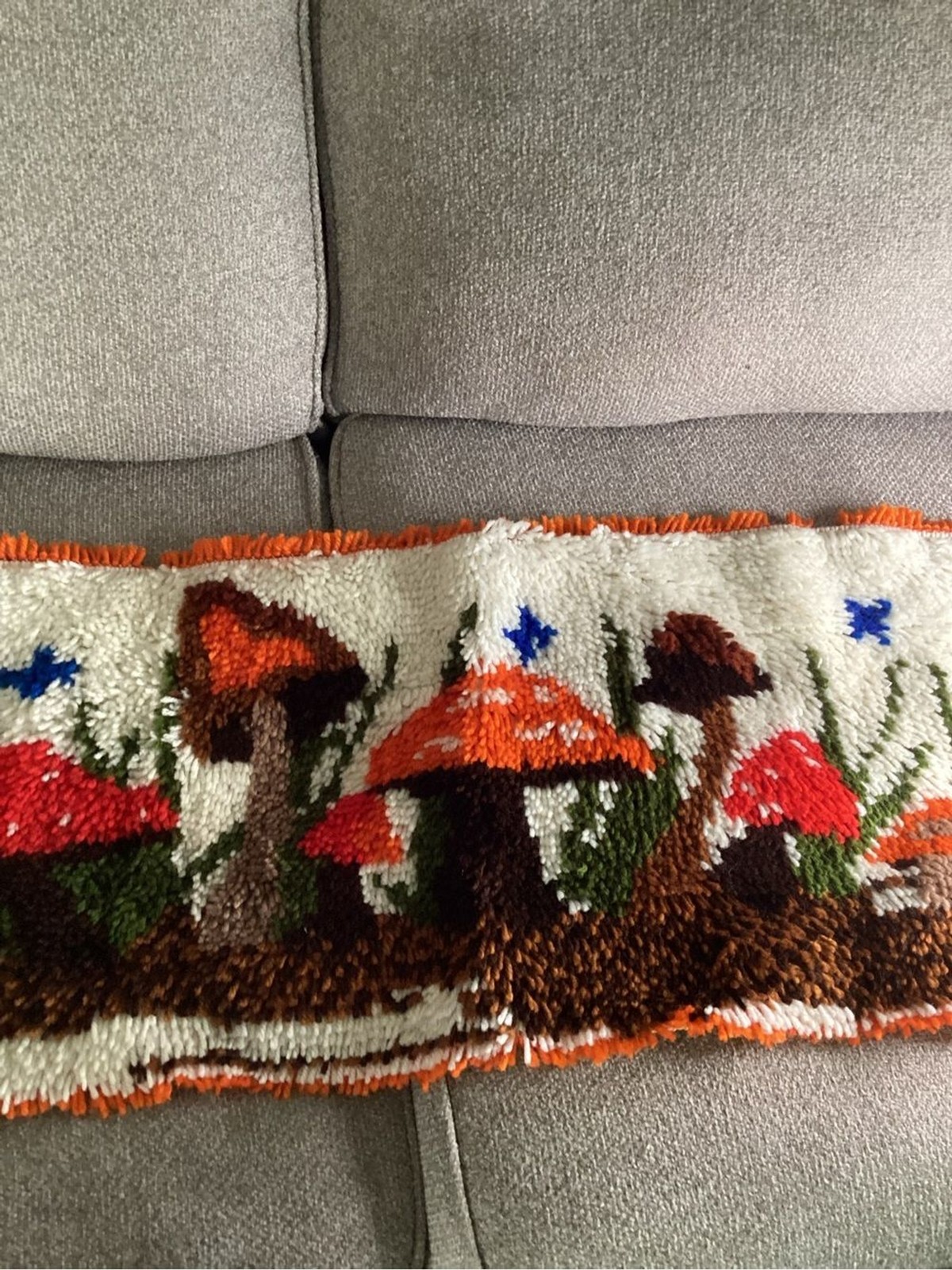 Hand Crafted Orange, Red, Brown & Green Merry Mushroom Latch Hook Wall Hanging