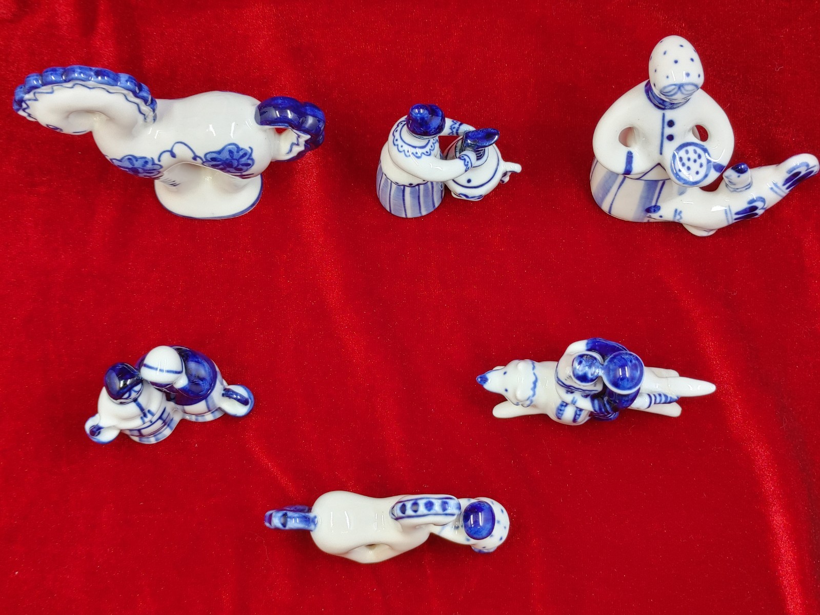 Vintage Gzhel Figurines Lot Of 6 Hand Painted Russian Folk Art USSR *Please Read