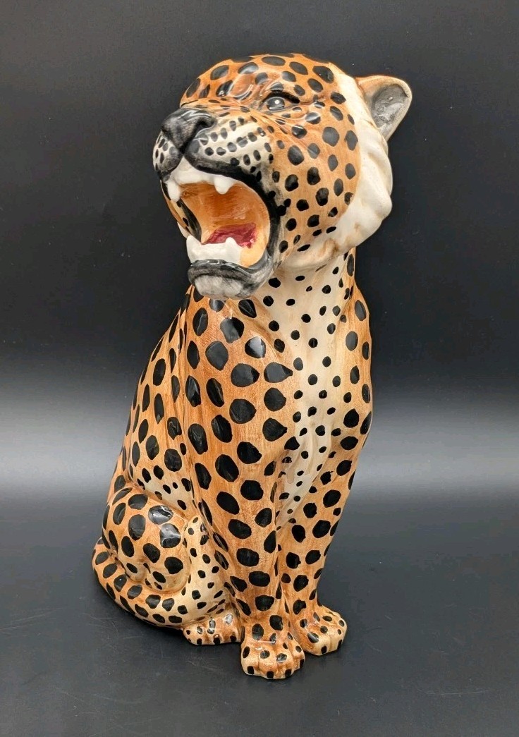 Vintage MCM Cat Sculpture Hand Painted Italian Leopard Cheetah Open Mouth 10″