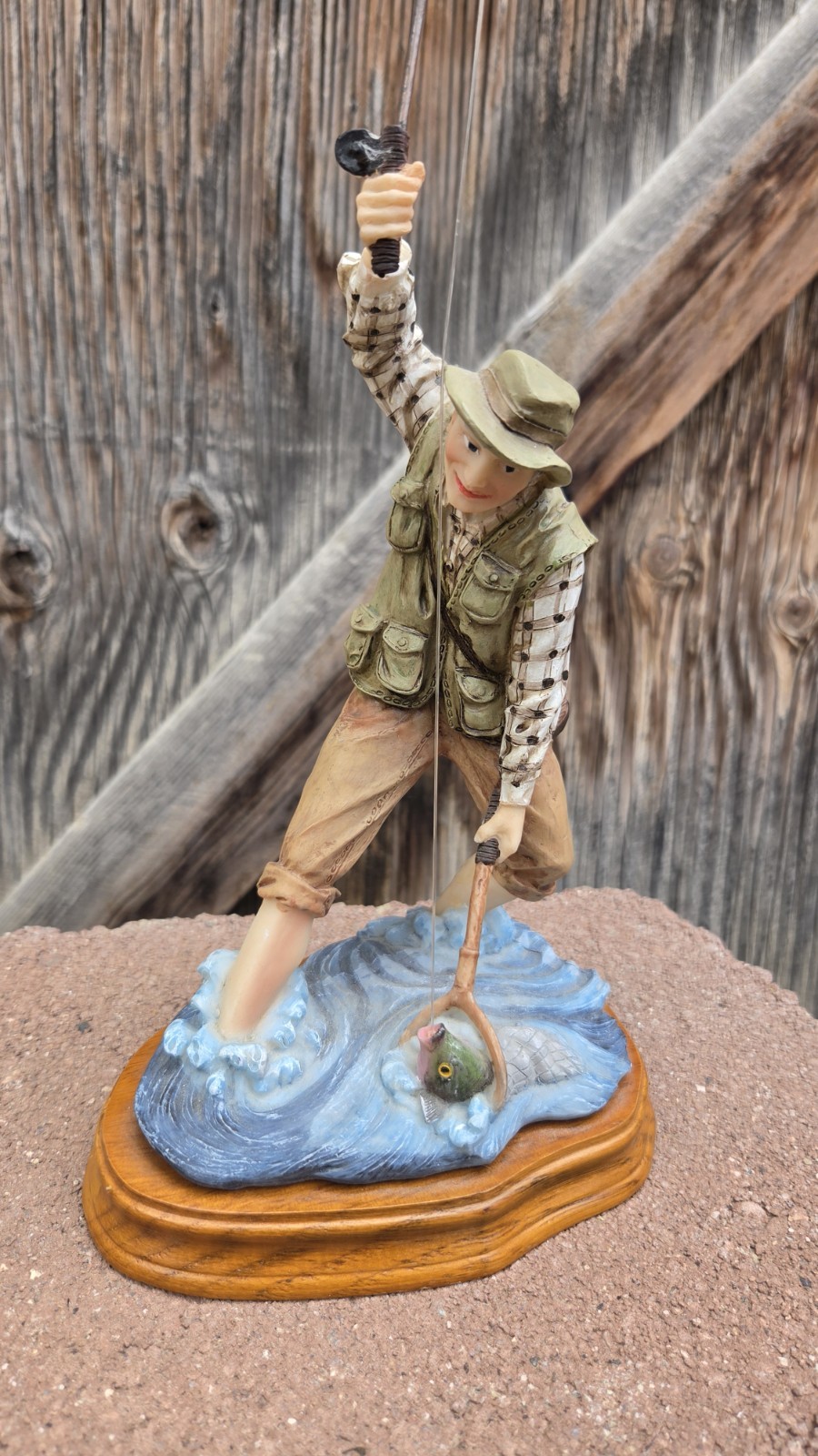 Fisherman Fishing Figurine Resin Multicolor with Fish Net on Wood Base