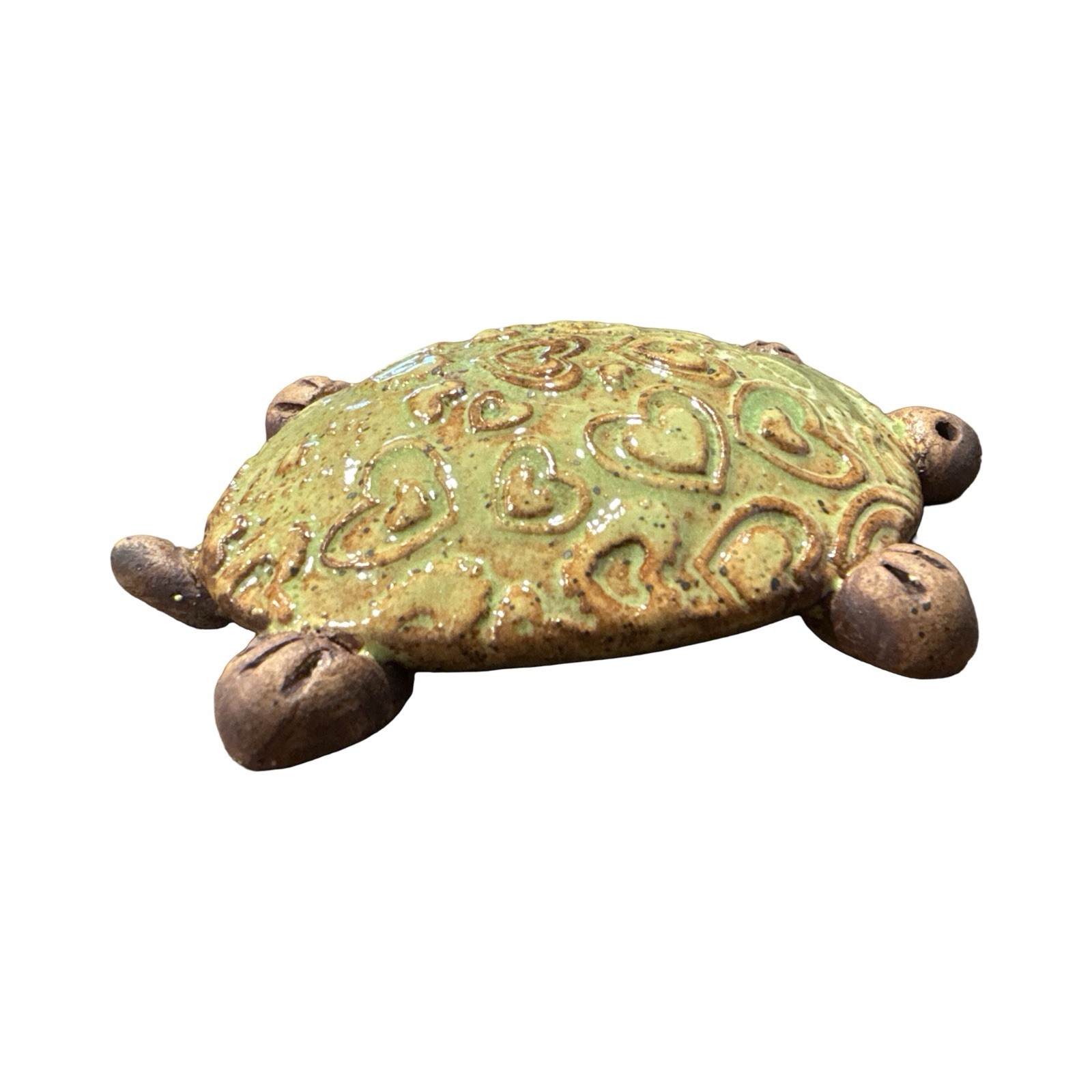 Handcrafted Ceramic Small Turtle Green W/ A Heart Design 3.5” Figurine folk art