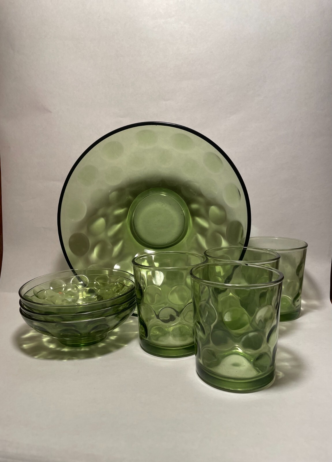 Vintage Avocado Green Hazel Atlas Eldorado Bubble Dotted Glass Serving Pieces