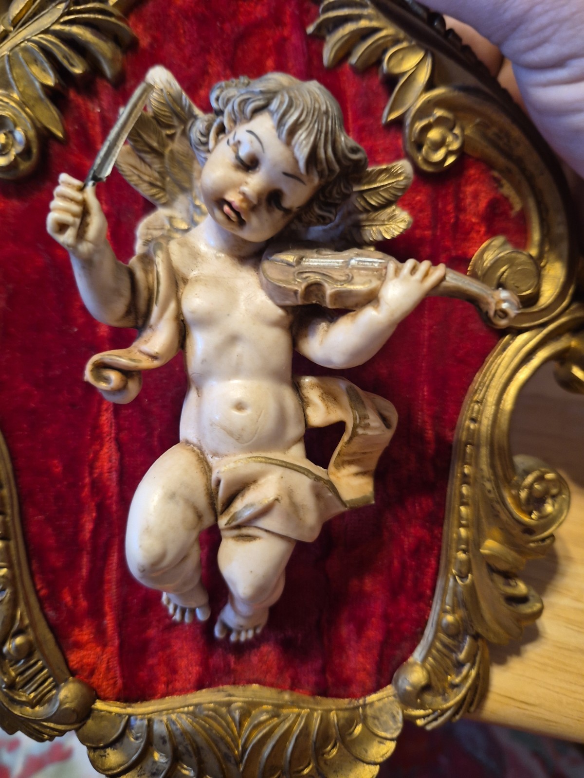 Vintage ANGEL Celenoid CHERUB Figurine Wall Plaque VELVET Wood Frames Violin