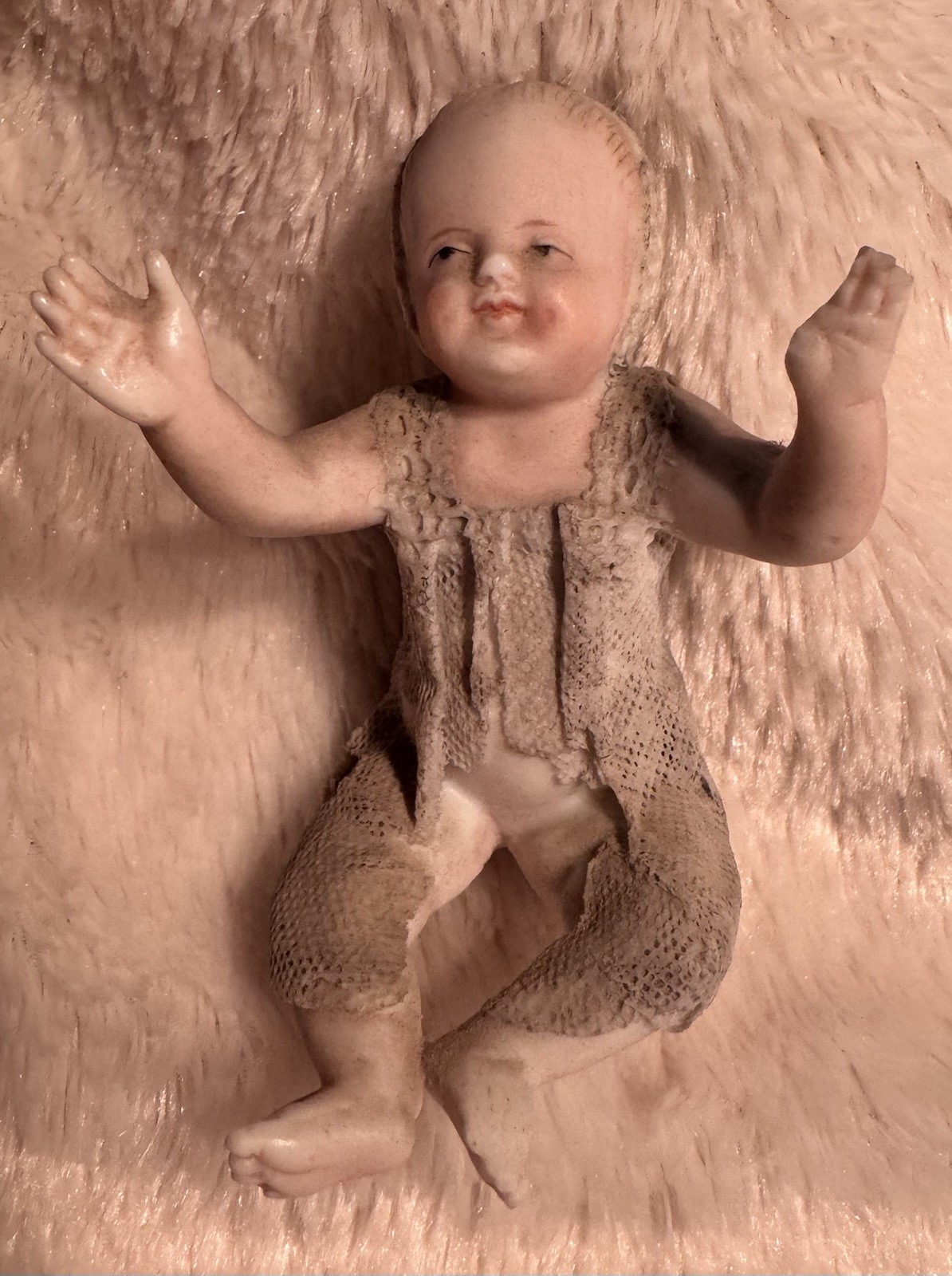 Very Old German Bisque Figurine Reaching Baby Antique Lace Outfit Mini Nursery