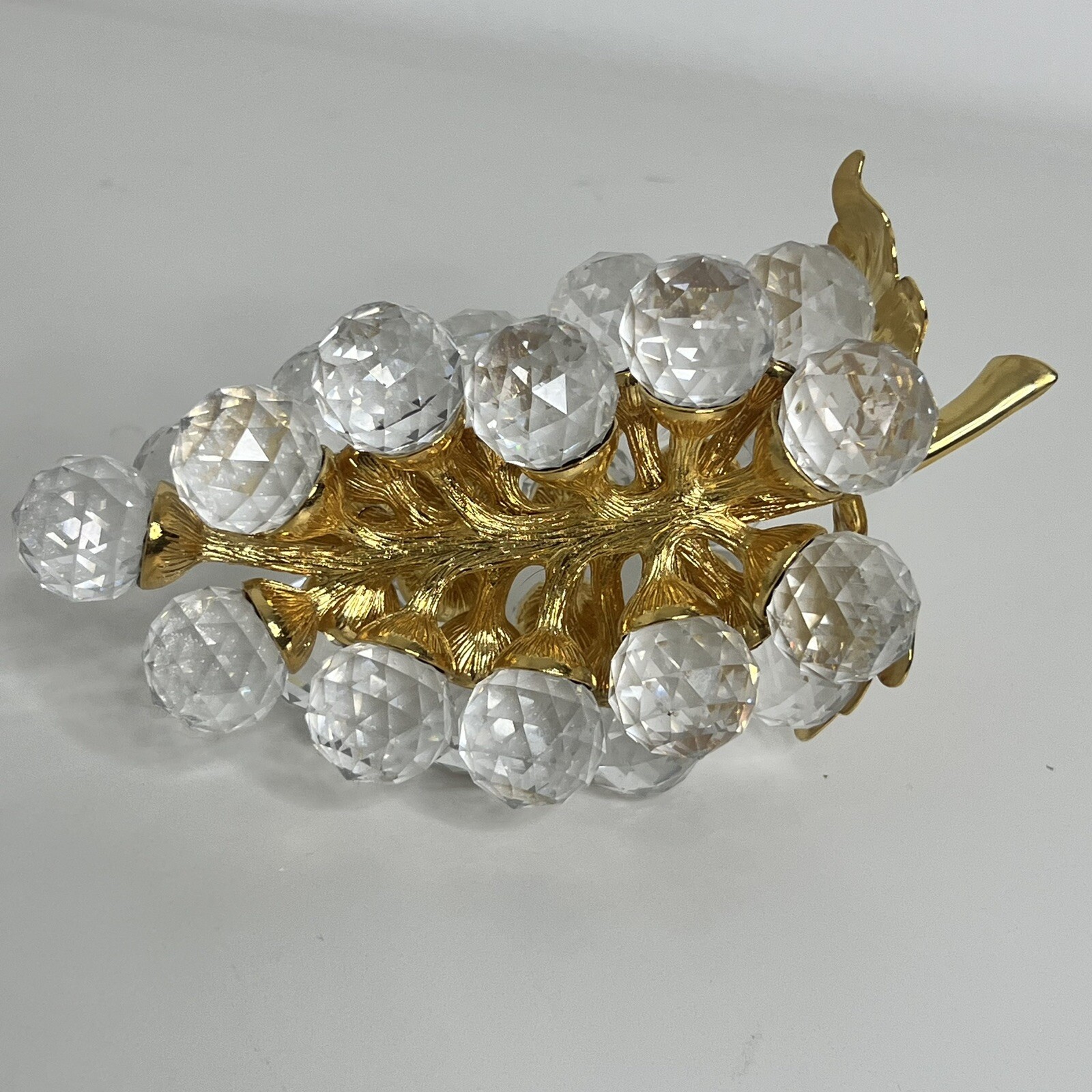 Swarovski Crystal Grape Cluster Large with 29 Orbs Gold Leaves & Stem