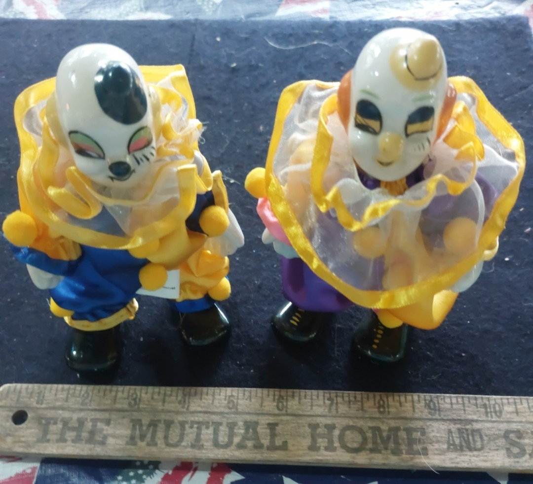 Artmark Porcelain Clown set blue, purple and yellow smiling poseable