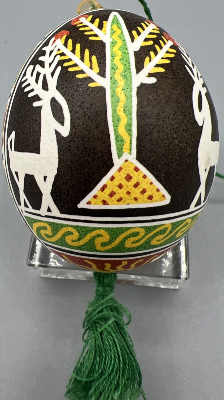 Pysanky Hand Decorated Painted Deer & Pine Chicken Egg Ukraine Pysanka Vintage