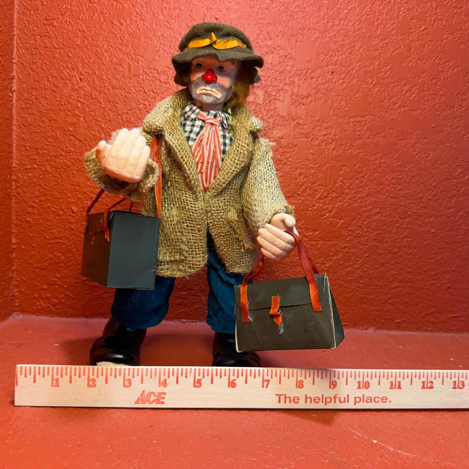 Emmett Kelly Jr Real Rags 12” Clown Doll “Bags Packed “Porcelain & Fabric Mache
