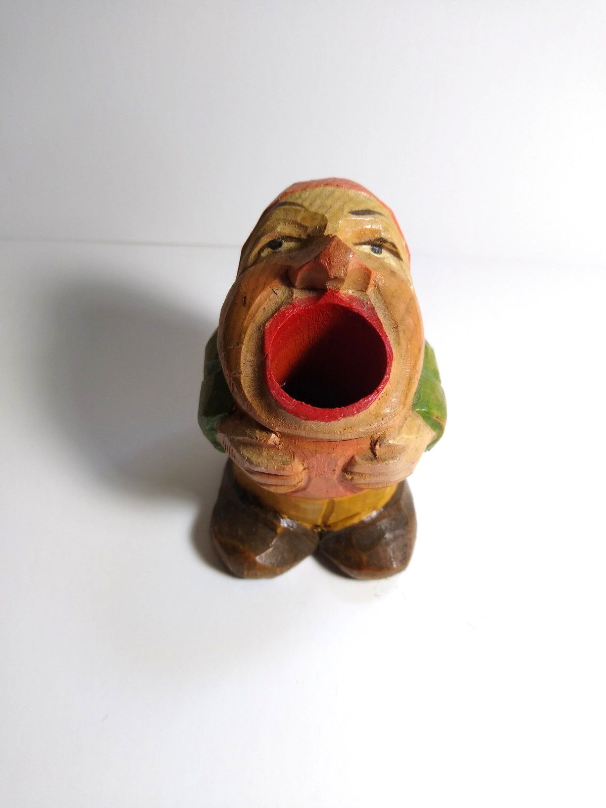 ANRI Vintage Wood Hand Carved Gnome Match Toothpick Holder Elf Dwarf Kitsch Cute