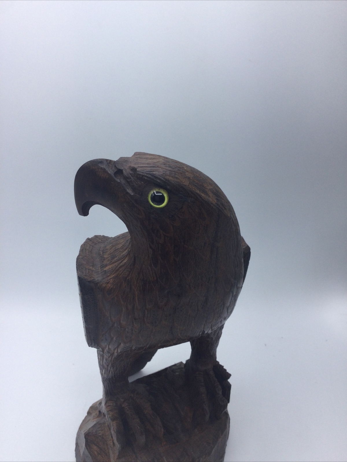 Hard Wood Hand Carved Eagle Perched on Wood Stand, 11 Inches Tall