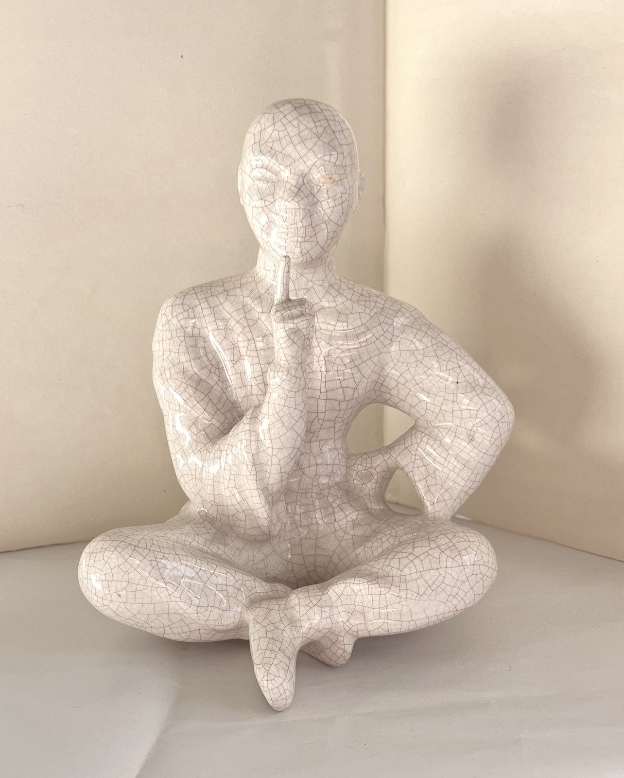 Vintage Crackle Glaze Buddhist Monk / Wise Man MCM Art Pottery Statue 8.25″ Tall