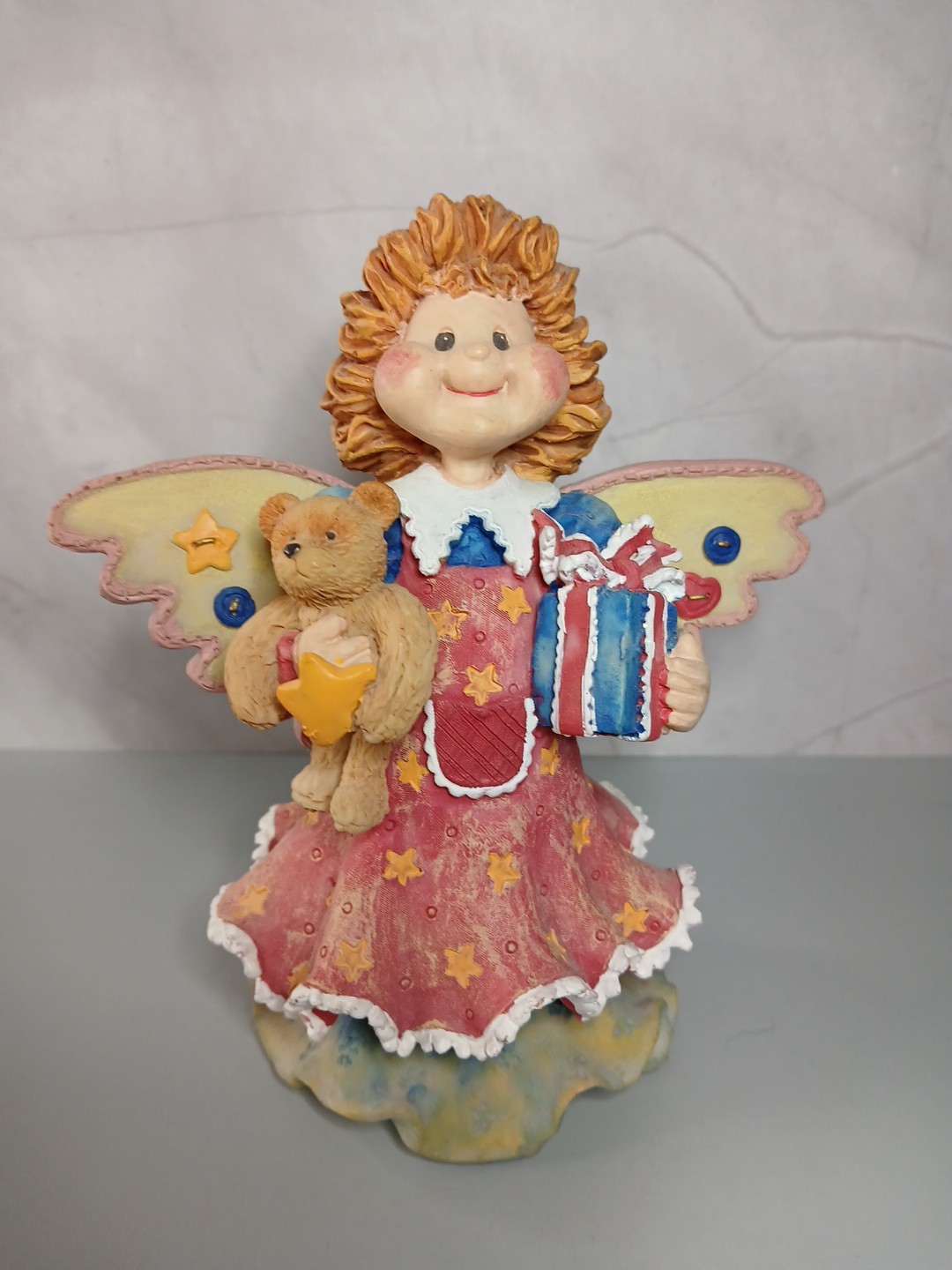 Angel figurine Patchwork Heart Button Star With Teddy Bear And Gift Vintage