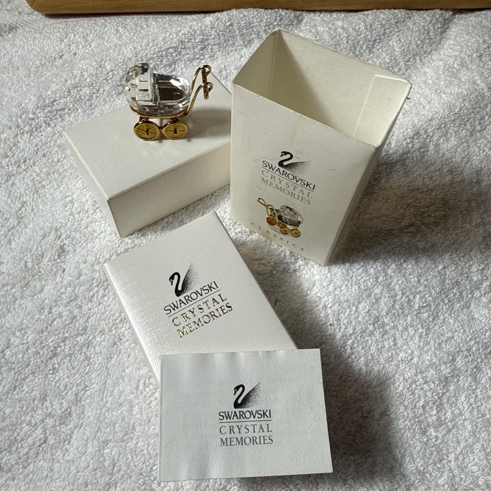 Swarovski Crystal Memories Baby Carriage Figurine Clear Gold Boxed