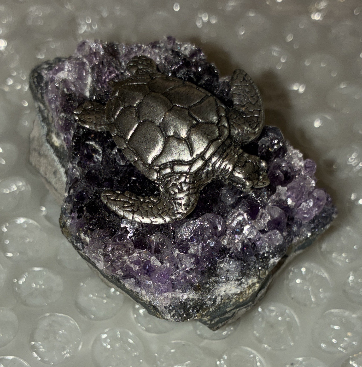 Metal Turtle Figurine on Purple Crystal Stone 3D Effect Metallic Finish Silver