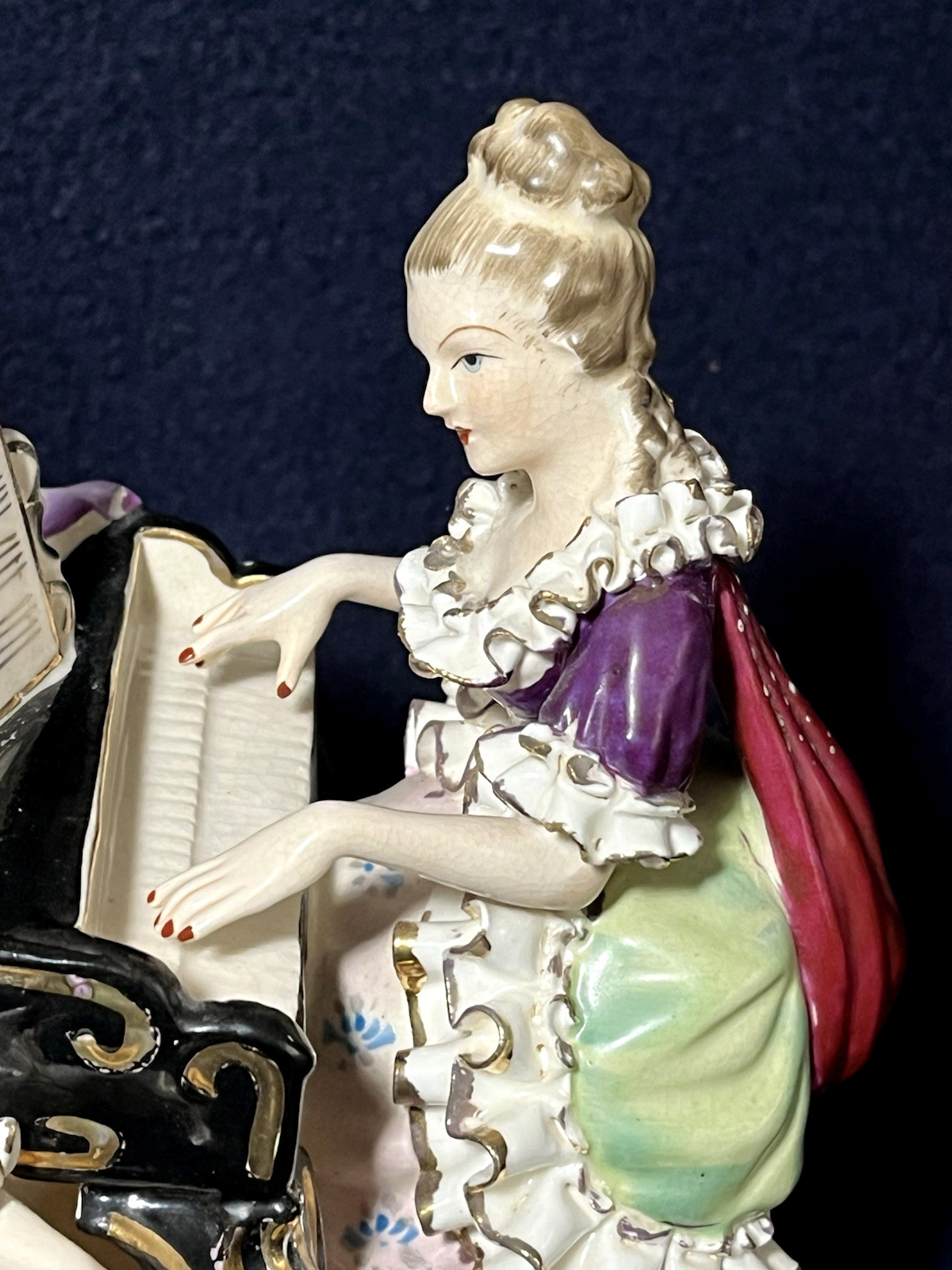 Vintage German Dresden Figurines Musicians Piano Flute Child Singer 9-1/2″x 9″