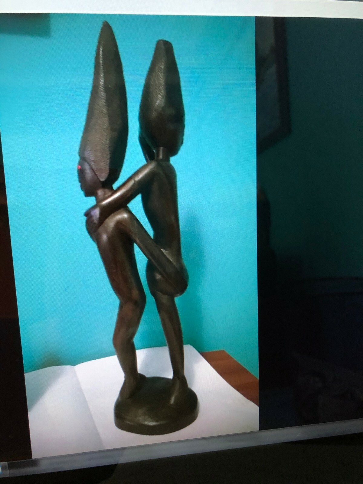 ANTIQUE AFRICAN – ” LOVELY COUPLE” WOOD FIGURINE-COMPOSITION 20 1/4 ” H ,4.9 lb.