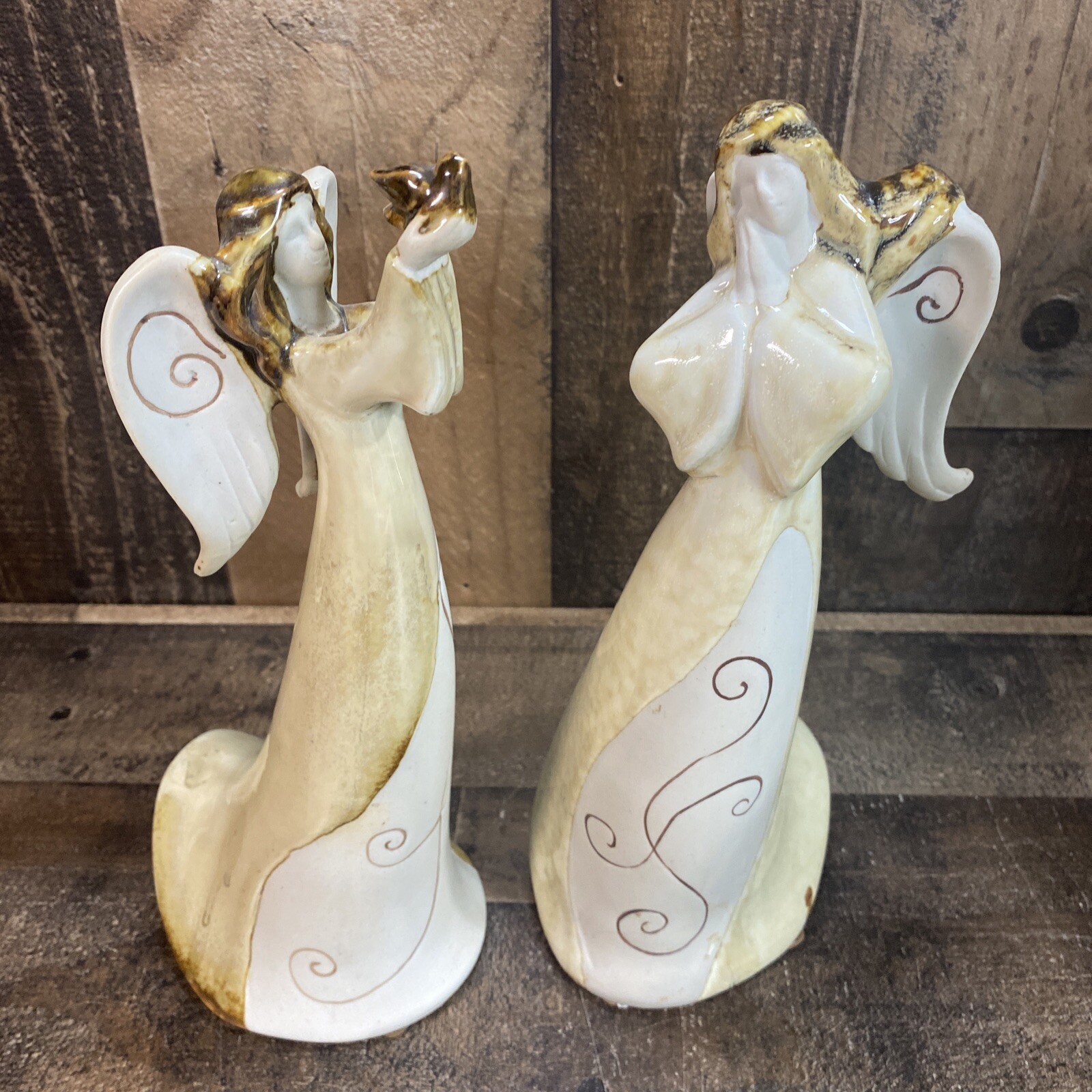 Tii Collections Set of 2 Large Ceramic Angels Praying and Holding Bird Tan