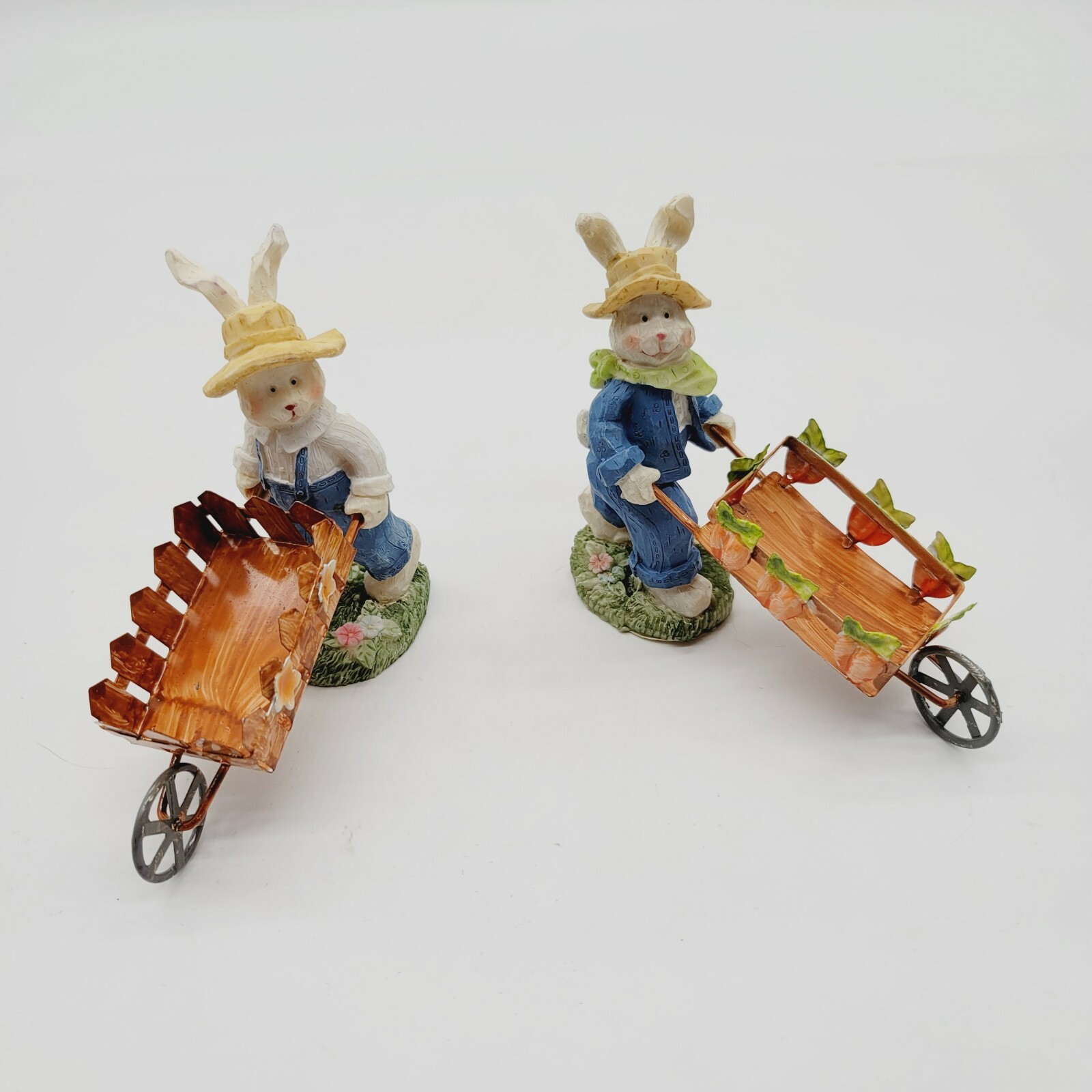 K’s Collection Set Of Two Rabbit Figurines With Carrot Carts 5″ Tall 5.5″ Wide