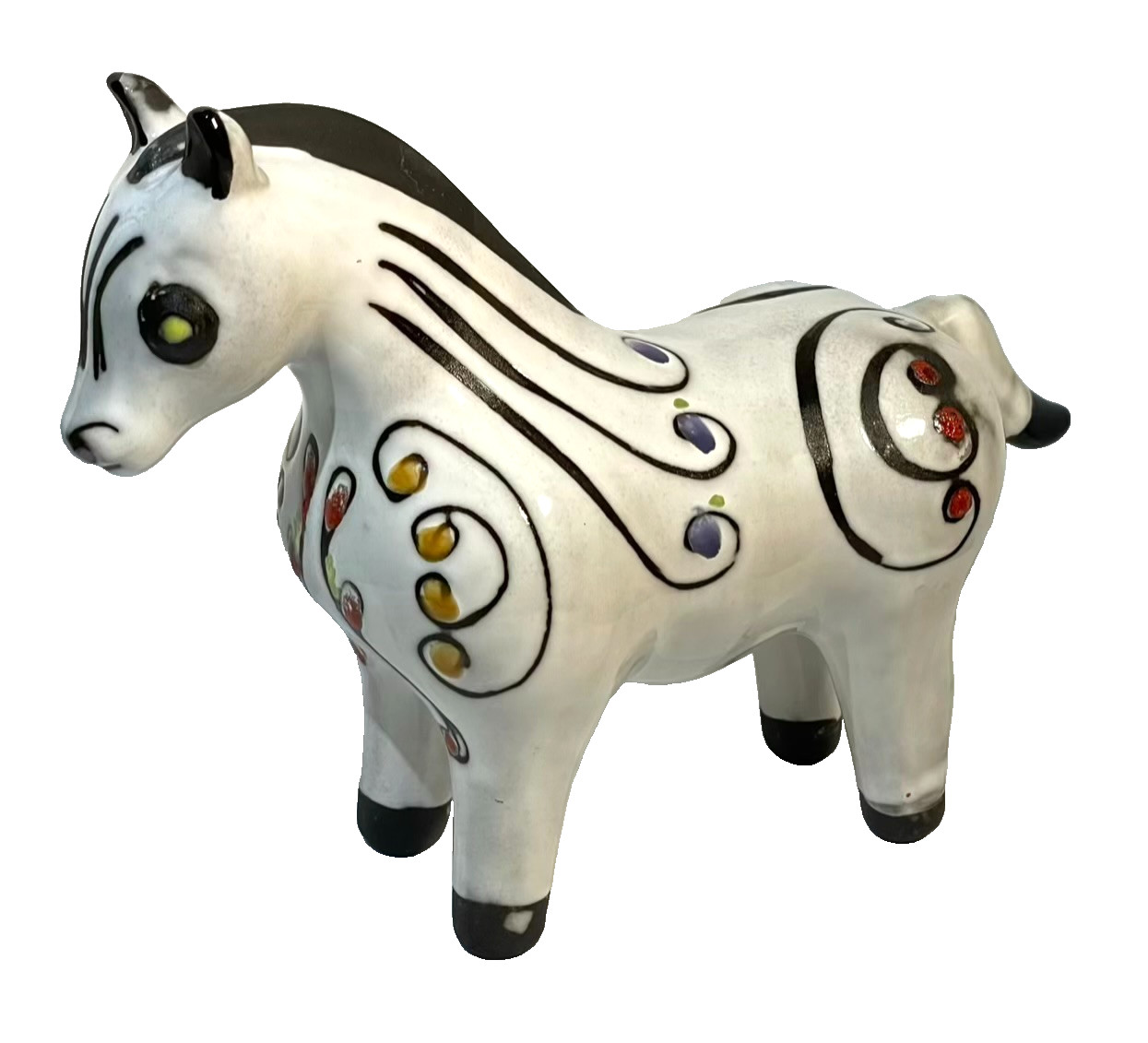 Pablo Zabal White Black Ceramic Horse Figurine Made in Chile 6×9″ Folk Art Rare