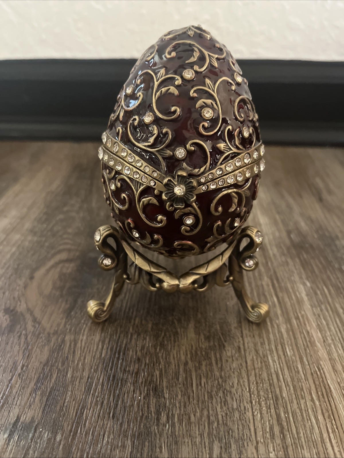 FABERGE Egg Style Red / Gold, Rhinestones Hinged Cross Music Box With Stand.