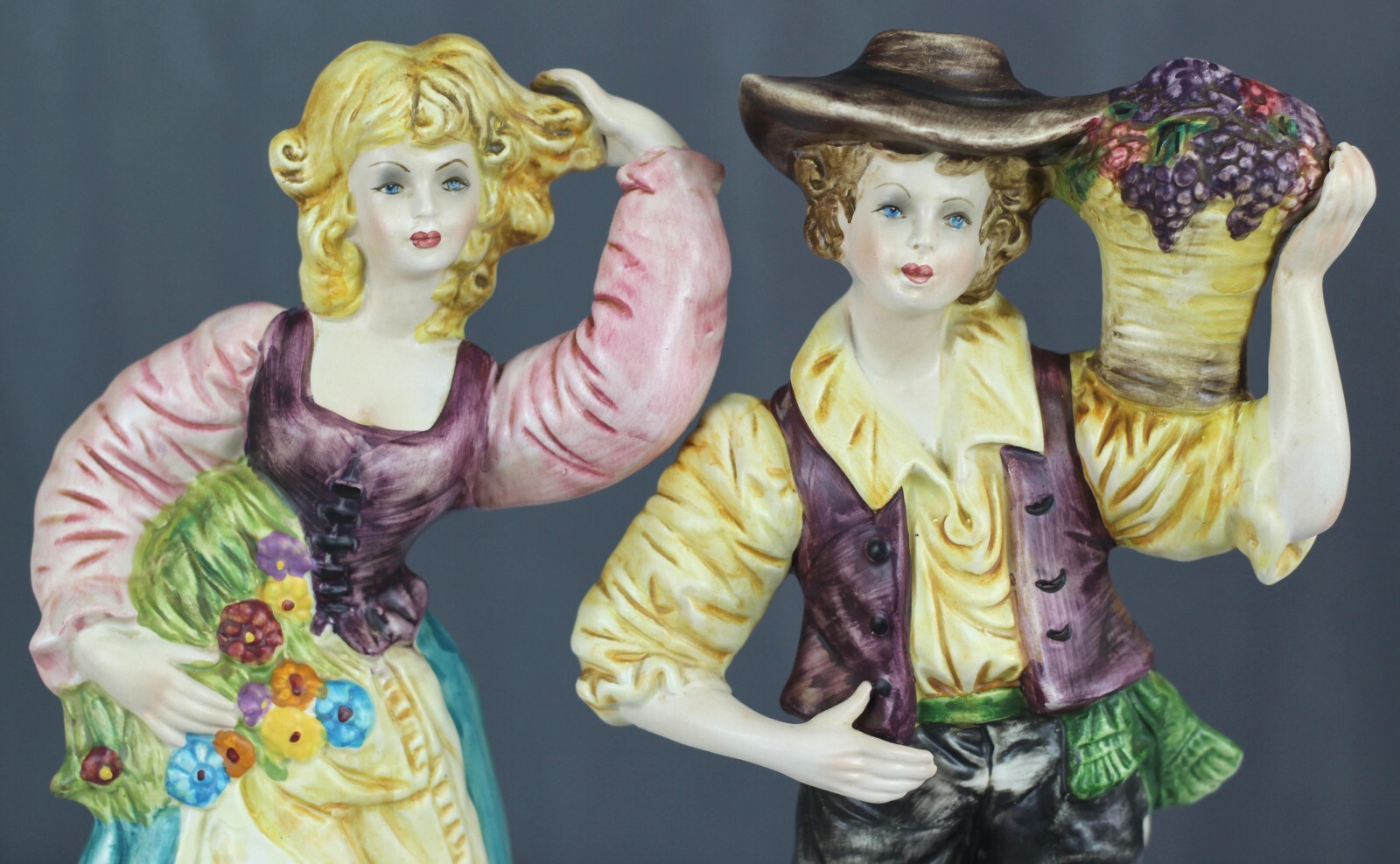 14″ Italy porcelain figurines, Man & Woman w flowers & grapes Capodimonte style