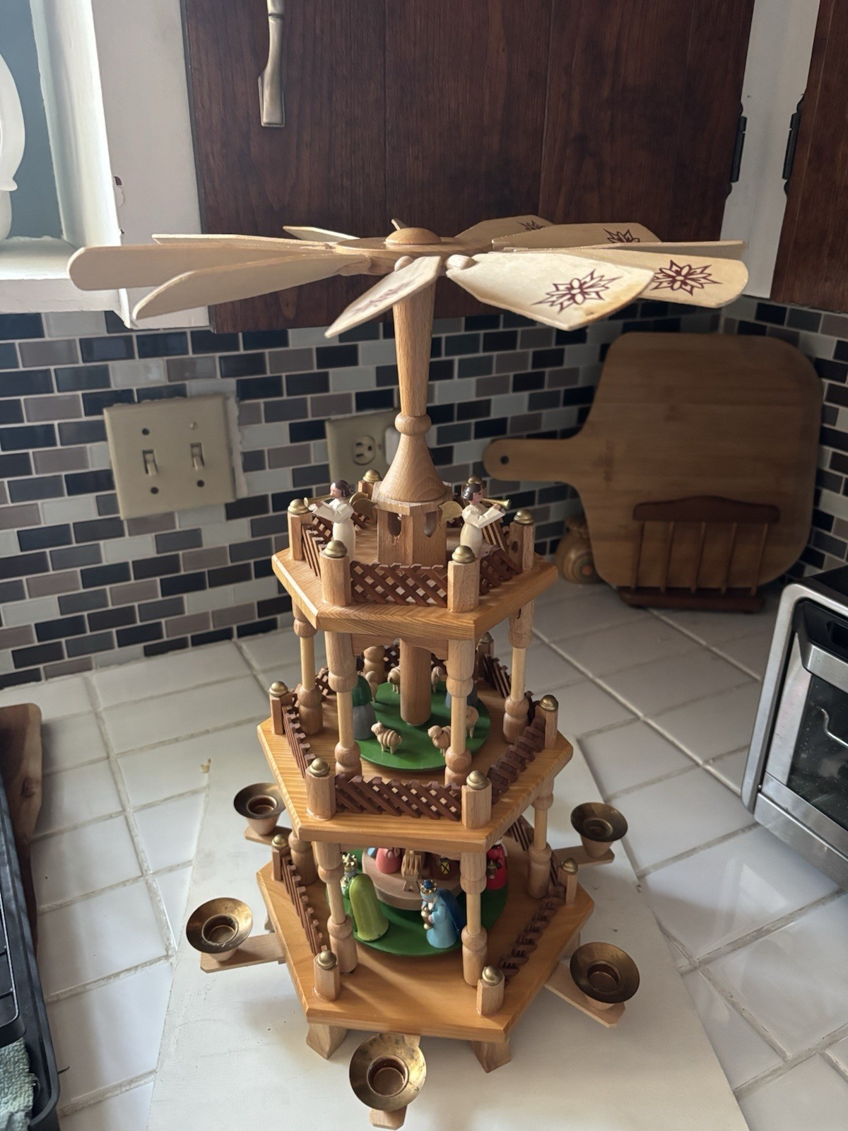 Traditional Wooden 3 Tier Pyramid Hand Carved Nativity Set From Germany