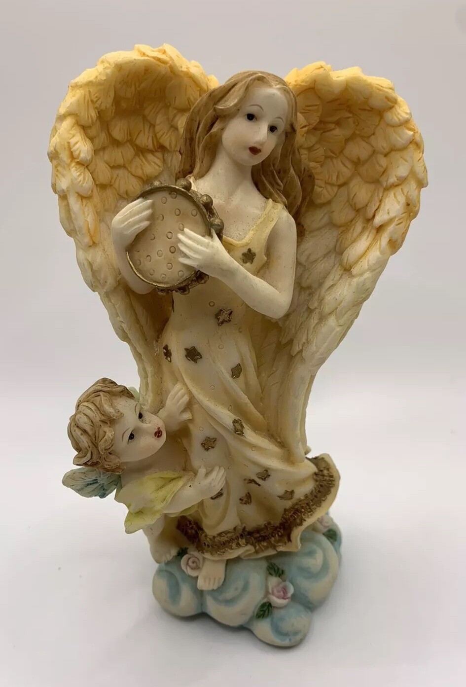 Angel Holding Tambourine With Child ~5.5 Inches Tall