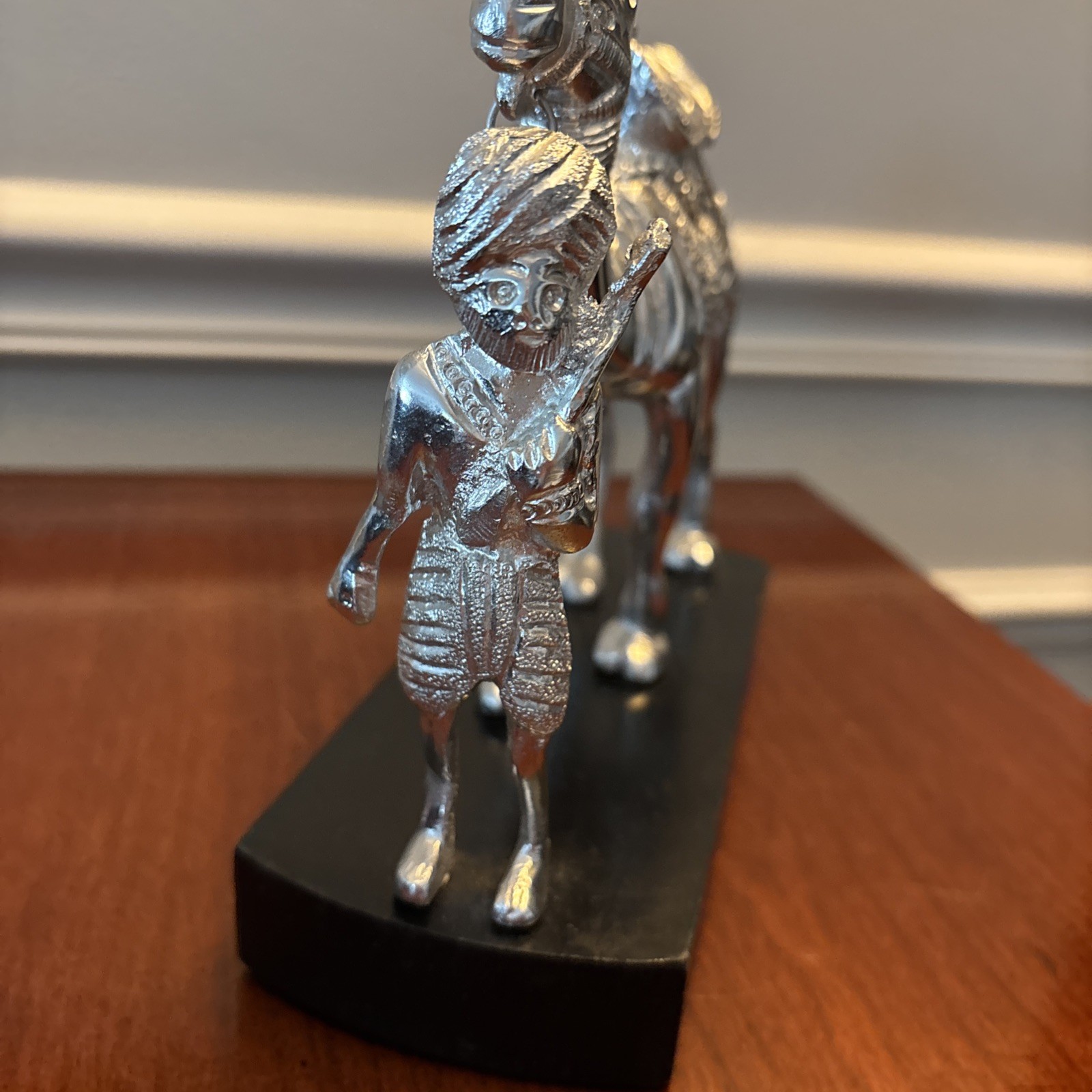 Vintage Silver Metal Plated Man Leading A Camel On Wooden Base Numbered 38/50
