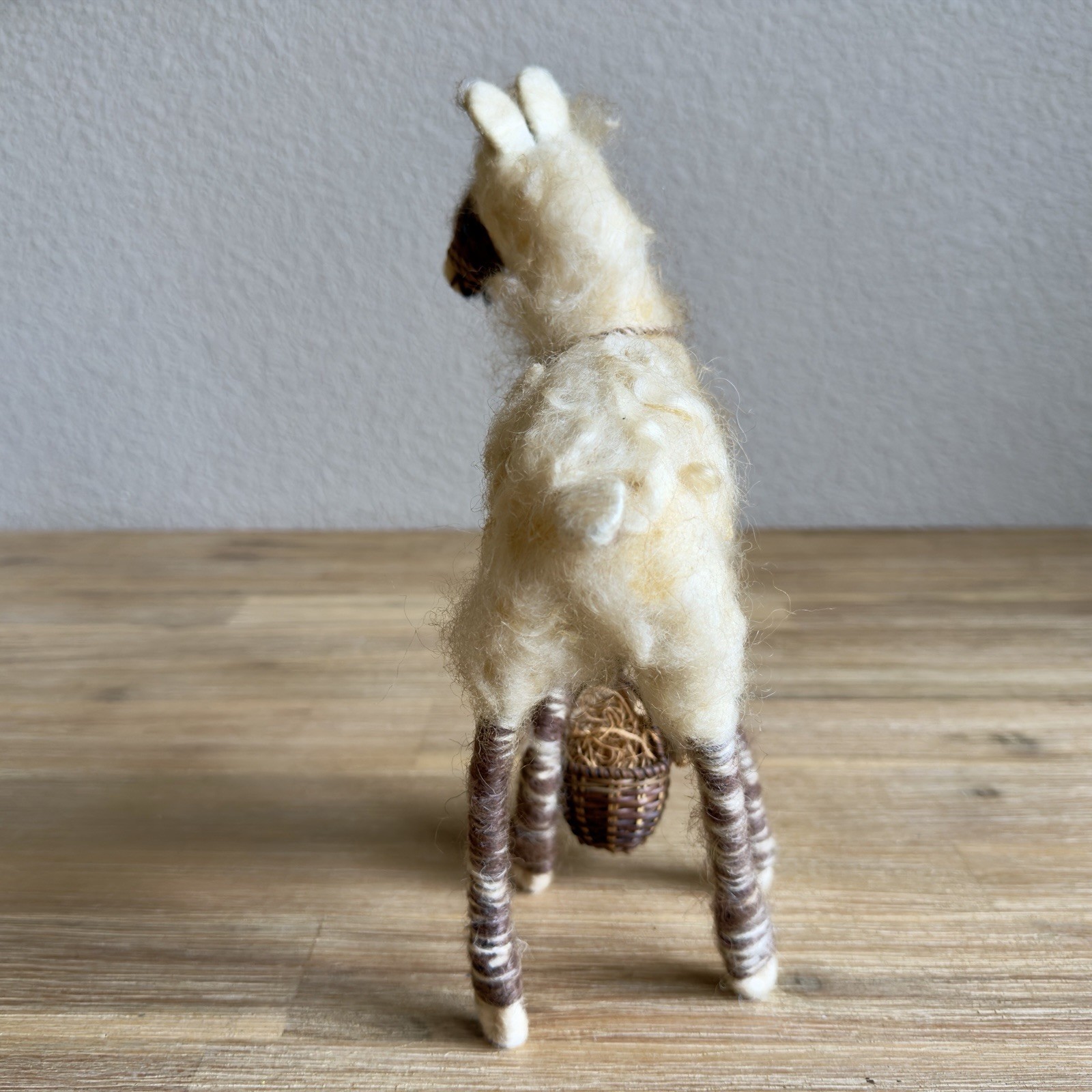Handmade Wool Felt Llama Alpaca Figurine Folk Art Miniature w Basket 10in