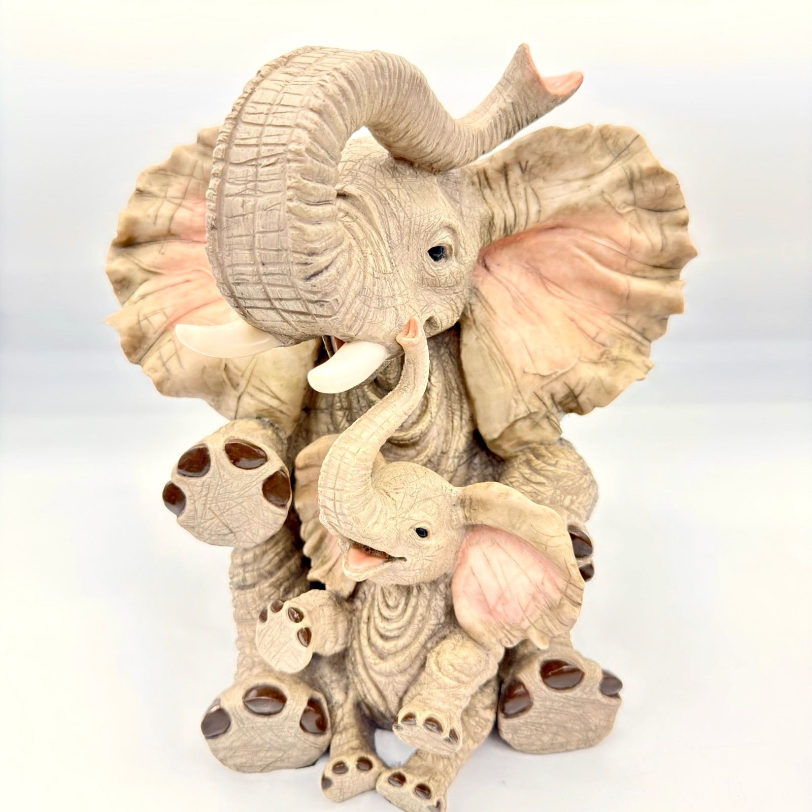 RARE 13” Montefiori Elephant Mother & Calf Heavy Alabastro Stone-Resin Italy DSN
