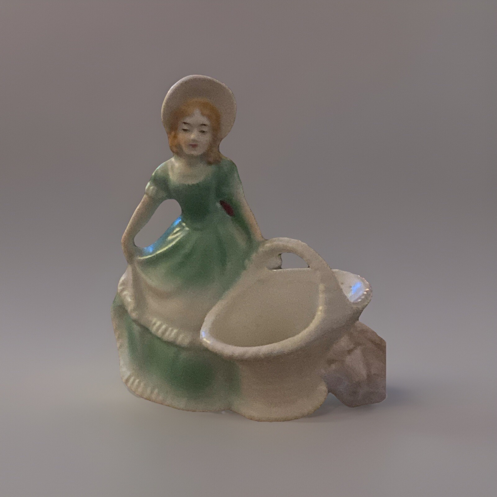 Vintage Porcelain Figurine Girl Green Dress With A Basket Made Czecheoslovakia