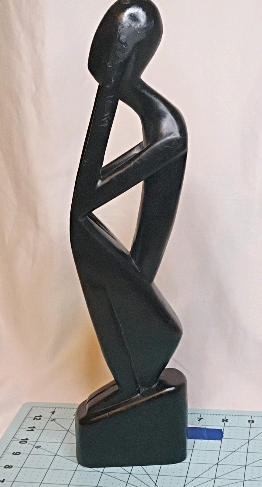 Abstract Hand-Carved Black Wooden Thinking Man Sculpture Figurine 16in on Base
