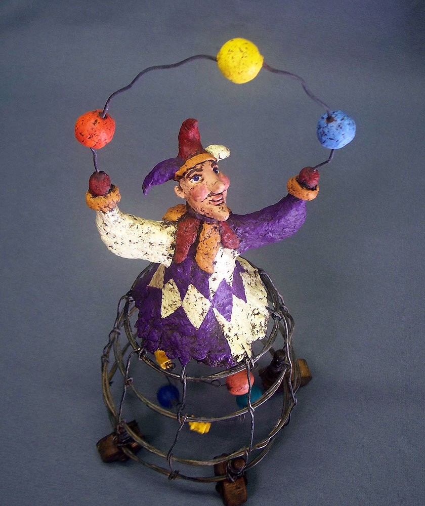 Paper Mache Jester Harlequin Cage Doll, Handmade Papier-Mache Art