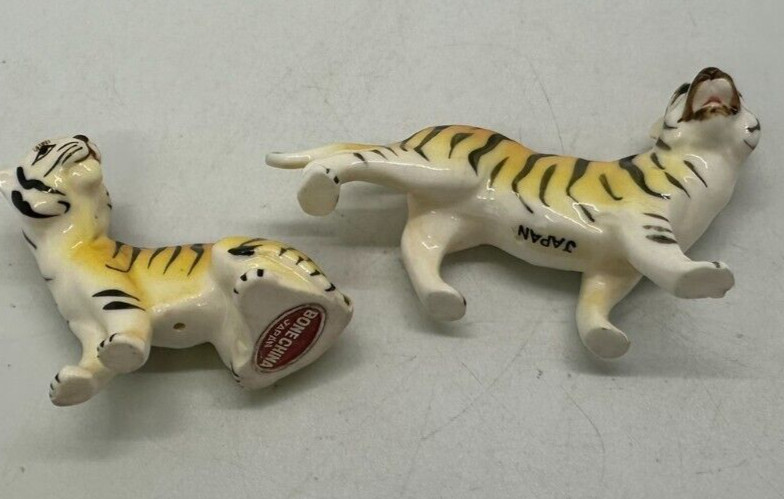 Vintage Miniature Bone China Figurines Wild Tigers Lot of 2 Retro Wild Animal